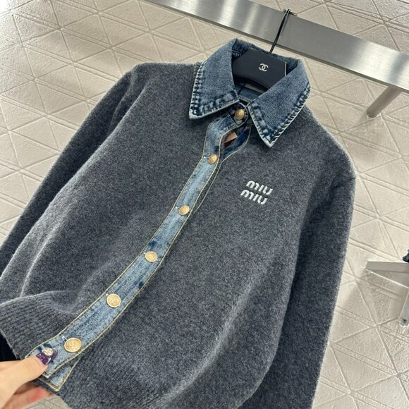 Miu Miu ♥ 2025 New Denim Patchwork Collared Knit Cardigan - Picture 3 of 8